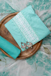 Tea Green Sequence, Threadwork & Digital Printed Cotton Unstitched Salwar Suit With Chiffon Dupatta