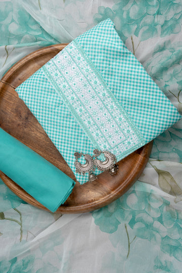 Tea Green Sequence, Threadwork & Digital Printed Cotton Unstitched Salwar Suit With Chiffon Dupatta