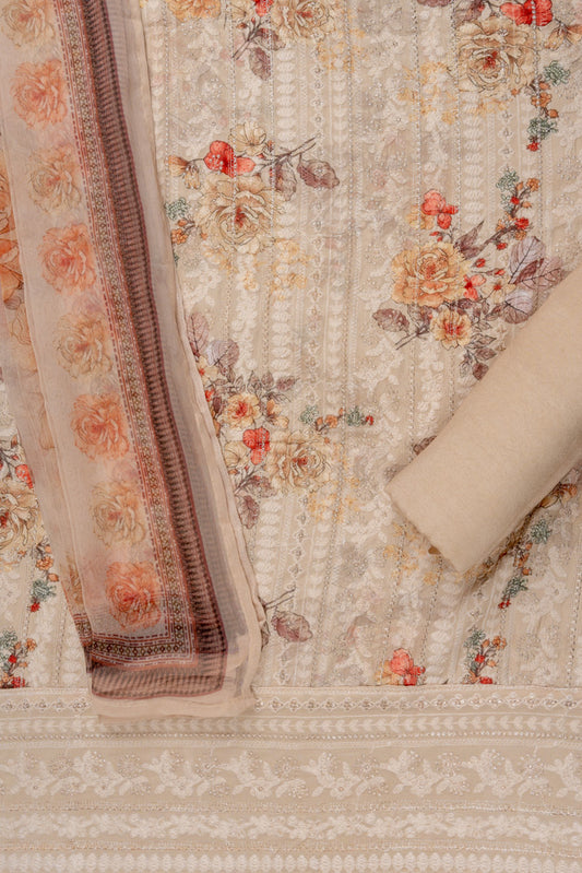 Tussar Sequence, Threadwork & Floral Printed Georgette Unstitched Salwar Suit With Georgette Dupatta