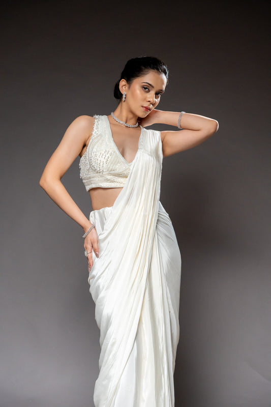 White Cutdana, Bead & Sequence Lycra Pre-Draped Designer Saree With Readymade Blouse