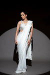 White Cutdana, Bead & Sequence Chinon Pre-Draped Designer Saree With Readymade Blouse
