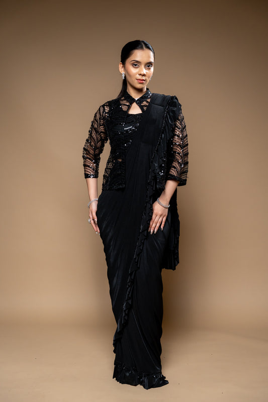 Black Cutdana, Bead & Sequence Lycra Cape Style Pre-Draped Designer Saree