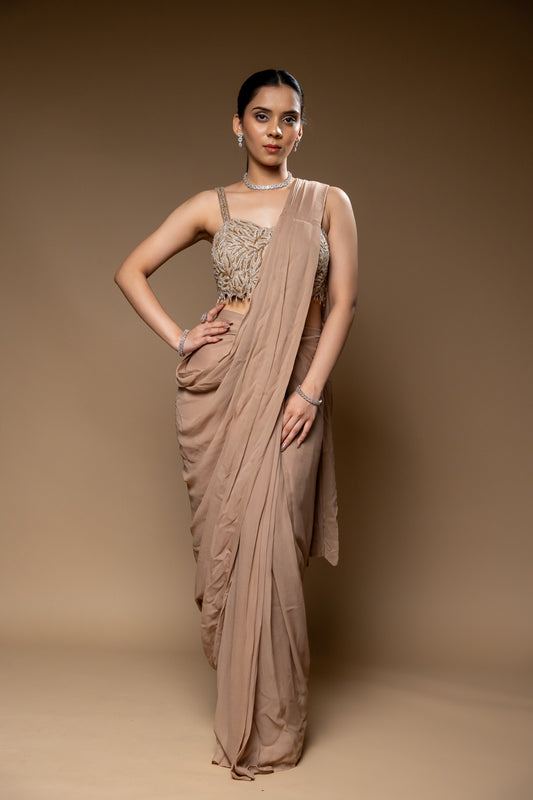 Chikoo Bead, Cutdana & Sequence Chinon Pre-Draped Designer Saree With Readymade Blouse