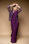 Garnet Cutdana, Bead & Sequence Lycra Cape Style Pre-Draped Designer Saree