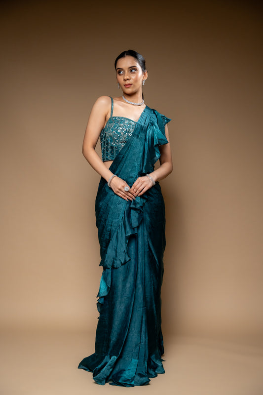 Rama Cutdana, Bead & Sequence Organza Pre-Draped Designer Saree With Readymade Blouse