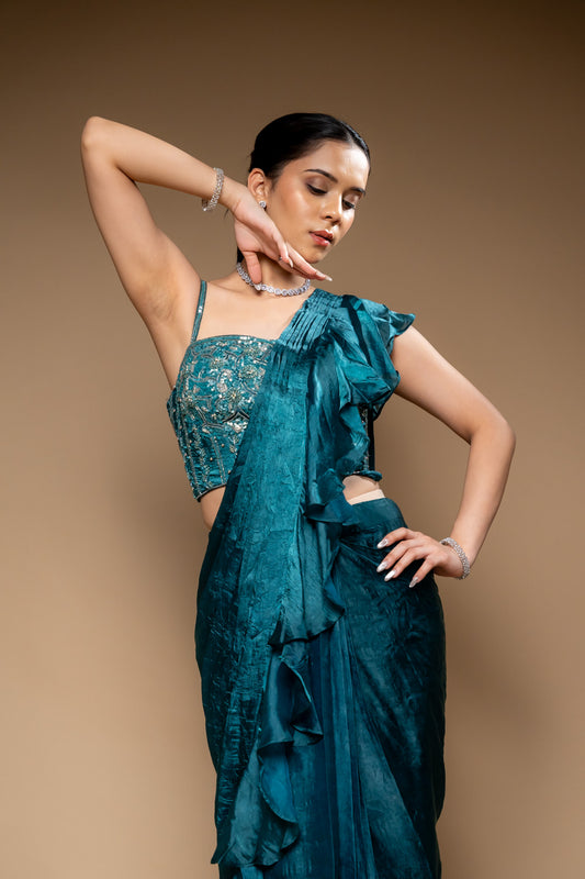 Rama Cutdana, Bead & Sequence Organza Pre-Draped Designer Saree With Readymade Blouse