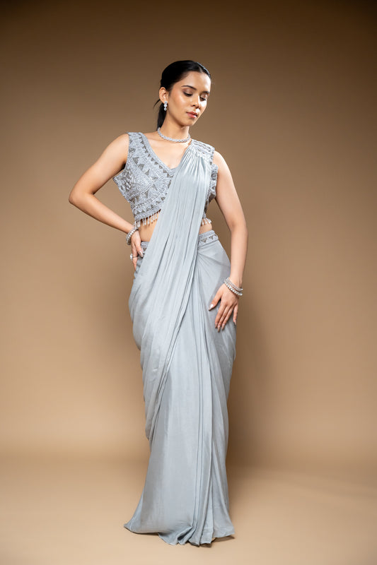 Grey Cutdana, Bead & Sequence Chinon Pre-Draped Designer Saree With Readymade Blouse