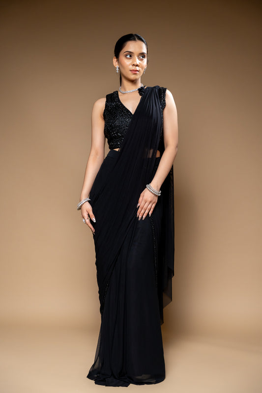 Black Cutdana, Bead & Sequence Lycra Pre-Draped Designer Saree With Readymade Blouse