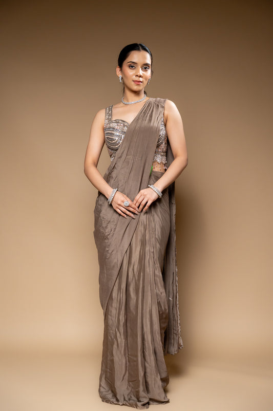 Chikoo Bead, Cutdana & Sequence Chinon Pre-Draped Designer Saree With Readymade Blouse