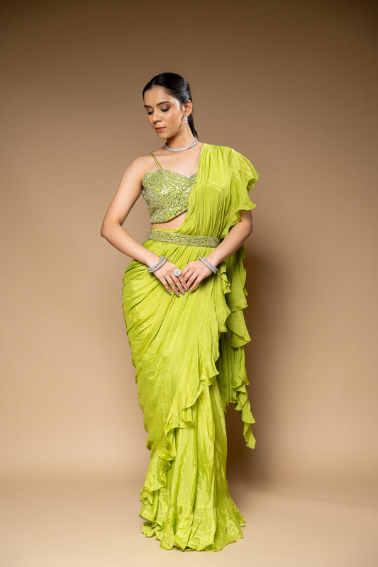Pistachio Green Bead, Cutdana, Mirror & Sequence Chinon Pre-Draped Designer Saree With Readymade Blouse