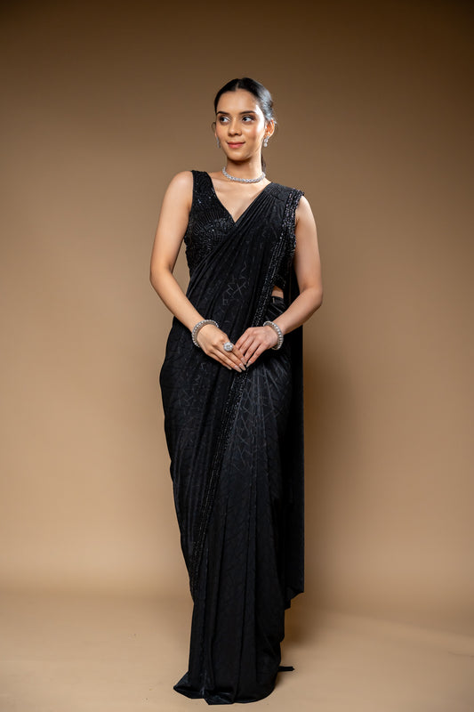 Black Cutdana, Bead & Sequence Crepe Pre-Draped Designer Saree With Readymade Blouse