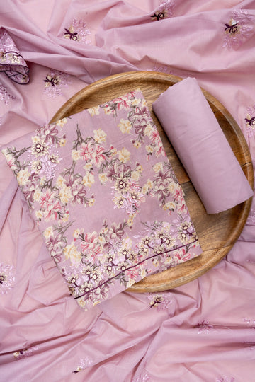 Onion Threadwork & Floral Printed Cotton Unstitched Salwar Suit With Cotton Dupatta