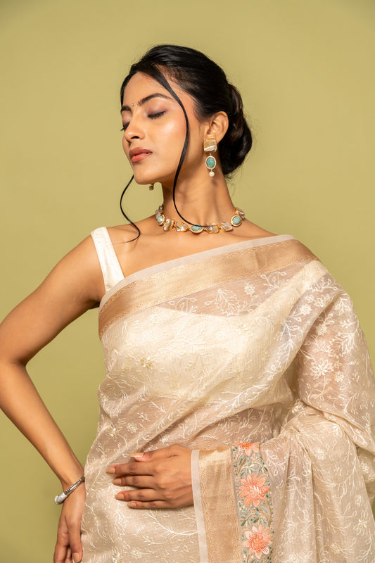 Tussar Cotton Woven Zari & Threadwork Saree With Unstitched Blouse