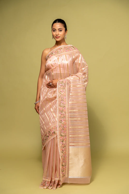 Peach Organza Banarasi Woven Zari Saree With Unstitched Blouse