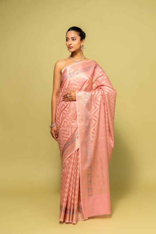 Gajari Banarasi Woven Zari Cotton Saree With Unstitched Blouse