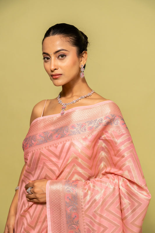 Gajari Banarasi Woven Zari Cotton Saree With Unstitched Blouse