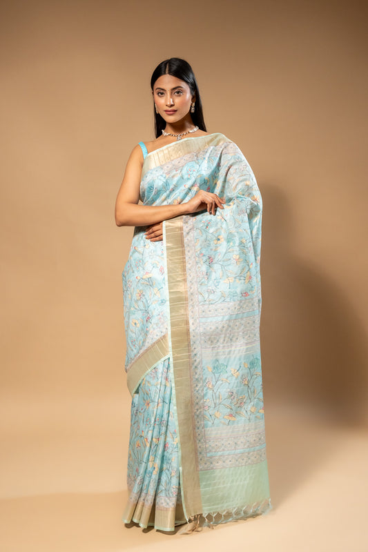 Sky Blue Cotton Floral Printed Saree With Unstitched Blouse