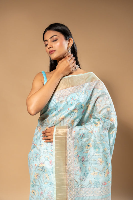 Sky Blue Cotton Floral Printed Saree With Unstitched Blouse