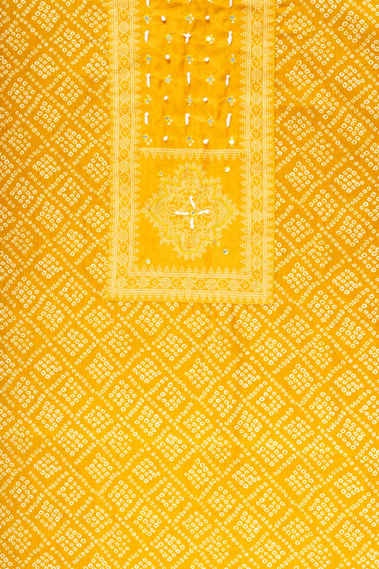 Mustard Bead, Mirror Sheet, Threadwork & Bandhini Printed Cotton Unstitched Salwar Suit With Cotton Dupatta
