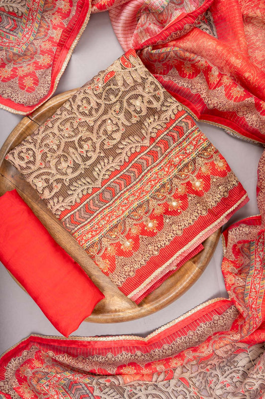 Coral Crepe Unstitched Suit With Chinon Crepe Dupatta