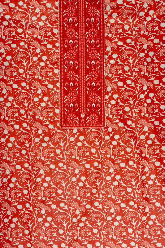 Rust Sequence, Threadwork & Floral Printed Cotton Unstitched Salwar Suit With Cotton Dupatta
