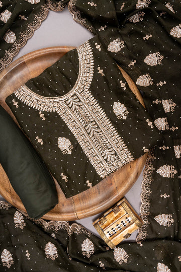 Mehndi Georgette Unstitched Suit And Dupatta With Swarovski Work