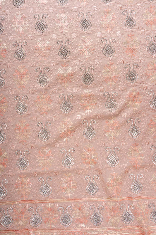 Peach Georgette Unstitched Suit With Chiffon Dupatta