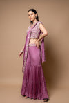 Mauve Cutdana & Sequence Pre-Draped Organza Sharara Saree With Readymade Blouse