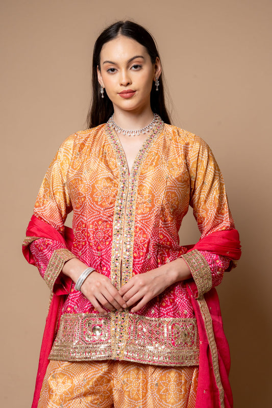 Mustard Crepe Readymade Suit And Palazzo With Chinon Dupatta