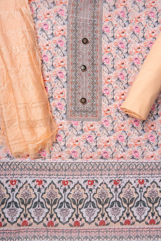 Peach Sequence, Threadwork & Floral Printed Cotton Unstitched Salwar Suit With Cotton Dupatta