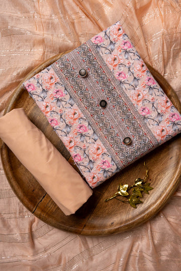 Peach Sequence, Threadwork & Floral Printed Cotton Unstitched Salwar Suit With Cotton Dupatta
