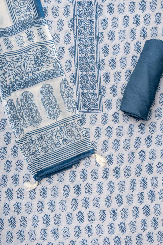 White Blue Mirror Sheet, Threadwork & Digital Printed Cotton Unstitched Salwar Suit With Cotton Dupatta