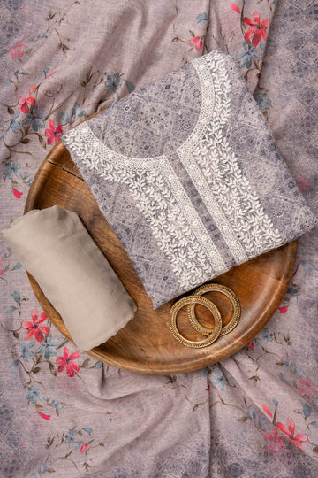 Grey Sequence, Threadwork & Digital Printed Cotton Unstitched Salwar Suit With Cotton Dupatta