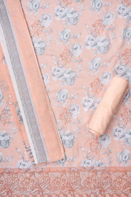 Peach Sequence, Threadwork & Floral Printed Cotton Unstitched Salwar Suit With Cotton Dupatta