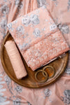 Peach Sequence, Threadwork & Floral Printed Cotton Unstitched Salwar Suit With Cotton Dupatta
