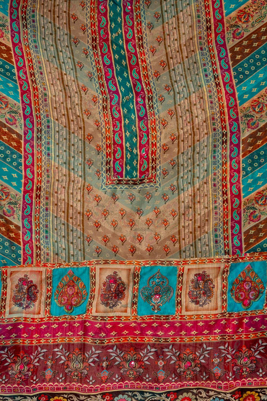 Rama Cutdana, Mirror Sheet, Threadwork & Digital Printed Organza Unstitched Salwar Suit With Chiffon Dupatta