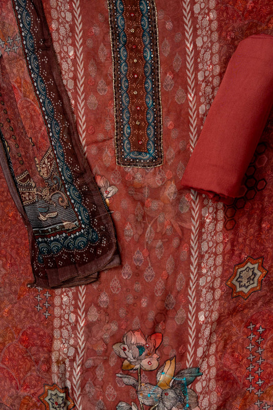 Maroon Cutdana, Mirror Sheet, Threadwork & Digital Printed Organza Unstitched Salwar Suit With Chiffon Dupatta