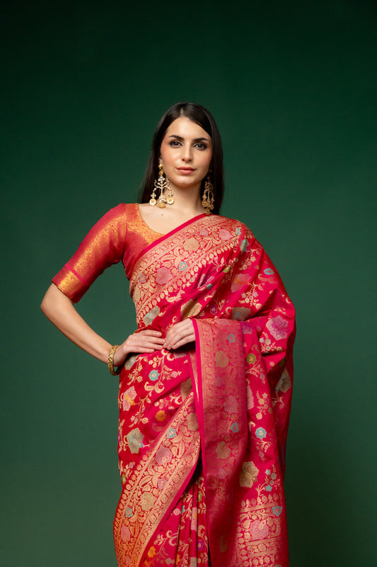 Rani Woven Zari Banarasi Silk Saree With Unstitched Blouse