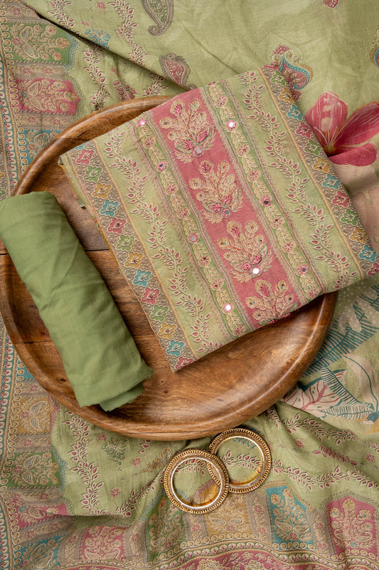 Pista Swarovski, Mirror, Threadwork & Digital Printed Georgette Unstitched Salwar Suit With Georgette Dupatta