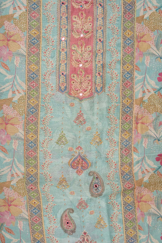 Sky Blue Swarovski, Mirror, Threadwork & Digital Printed Georgette Unstitched Salwar Suit With Georgette Dupatta