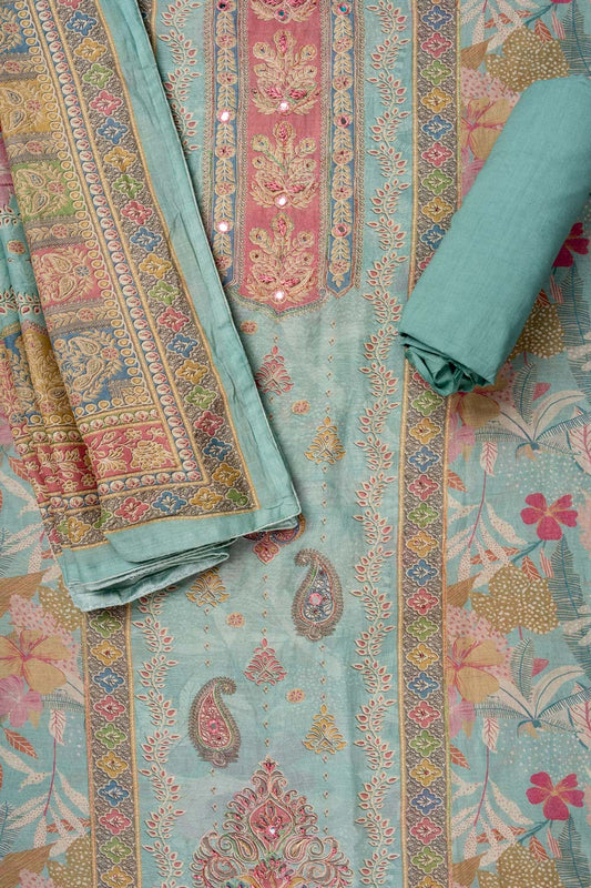 Sky Blue Swarovski, Mirror, Threadwork & Digital Printed Georgette Unstitched Salwar Suit With Georgette Dupatta