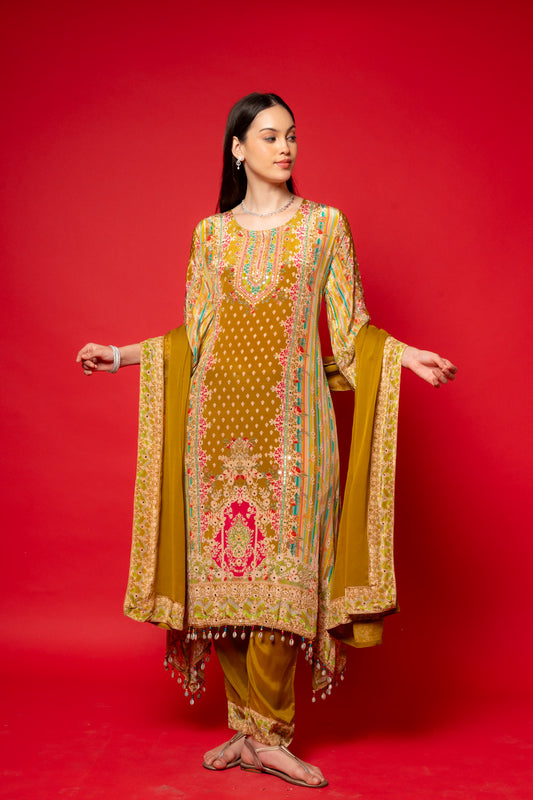 Pista Crepe Readymade Suit And Pant With Chiffon Dupatta