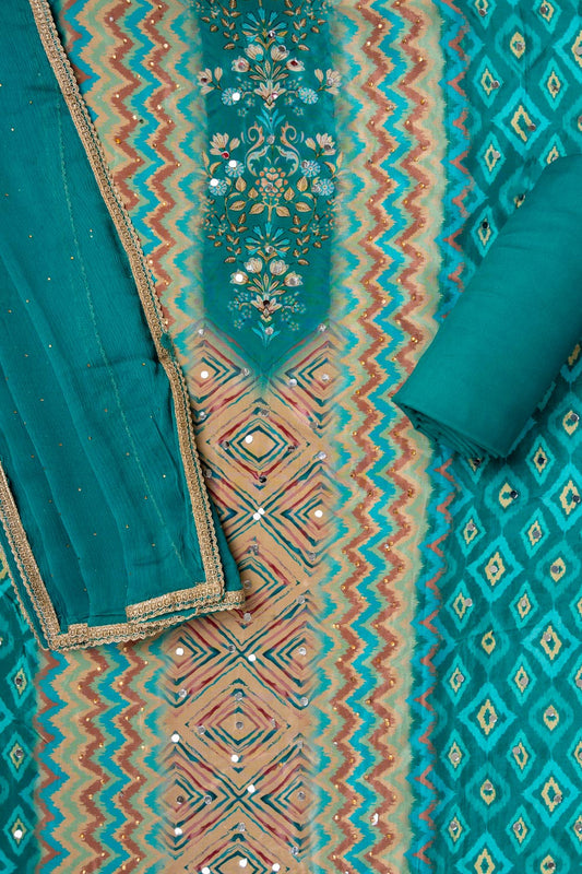 Rama Mirror, Swarovski & Digital Printed Crepe Unstitched Salwar Suit With Chiffon Dupatta