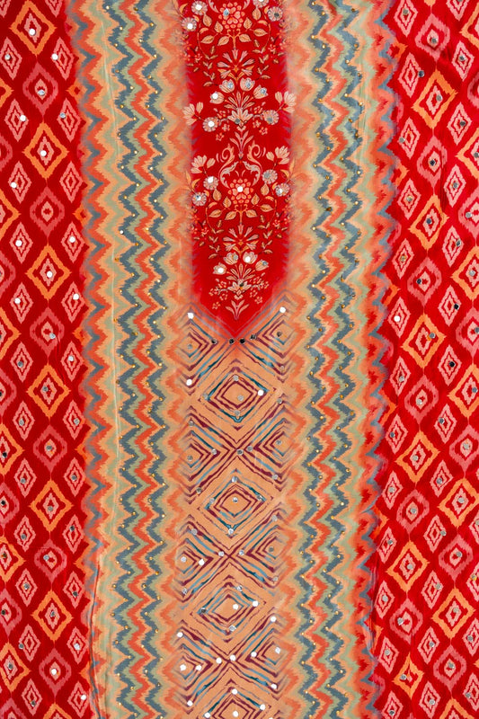 Peach Mirror, Swarovski & Digital Printed Crepe Unstitched Salwar Suit With Chiffon Dupatta