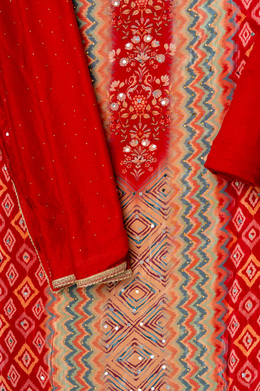 Peach Mirror, Swarovski & Digital Printed Crepe Unstitched Salwar Suit With Chiffon Dupatta