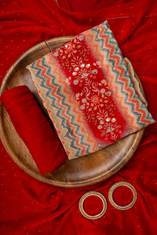 Peach Mirror, Swarovski & Digital Printed Crepe Unstitched Salwar Suit With Chiffon Dupatta