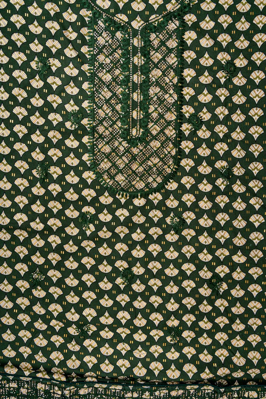 Bottle Green Sequence, Swarovski, Threadwork & Digital Printed Cotton Unstitched Salwar Suit With Chiffon Dupatta