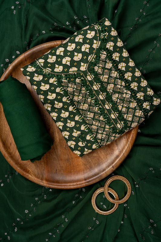 Bottle Green Sequence, Swarovski, Threadwork & Digital Printed Cotton Unstitched Salwar Suit With Chiffon Dupatta