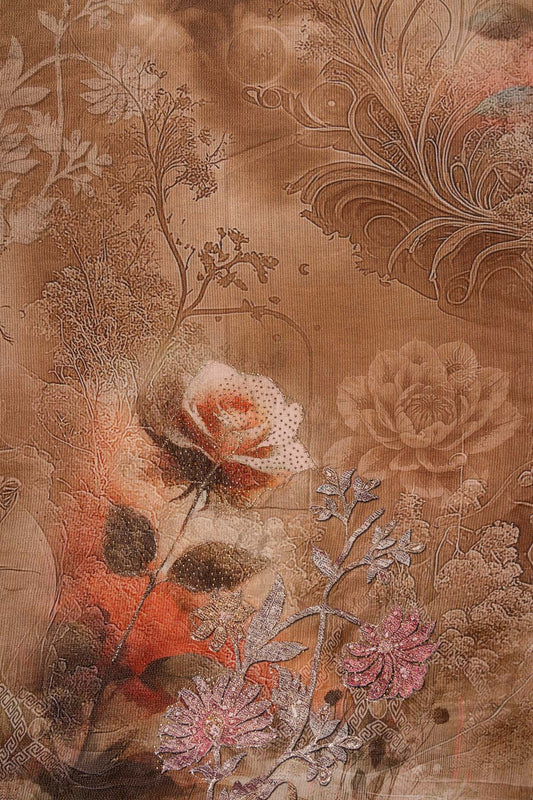 Tussar Swarovski, Zari Threadwork, Digital & Floral Printed Crepe Unstitched Salwar Suit With Crepe Dupatta