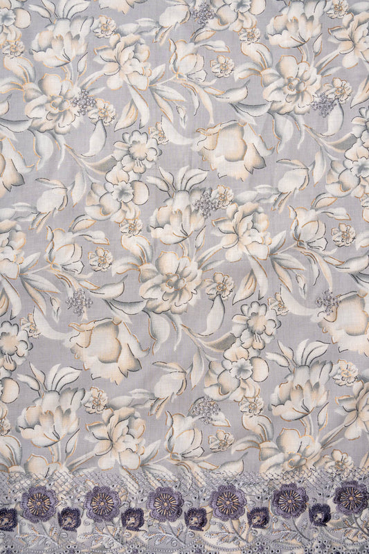 Grey Sequence, Threadwork & Floral Printed Cotton Unstitched Salwar Suit With Cotton Dupatta